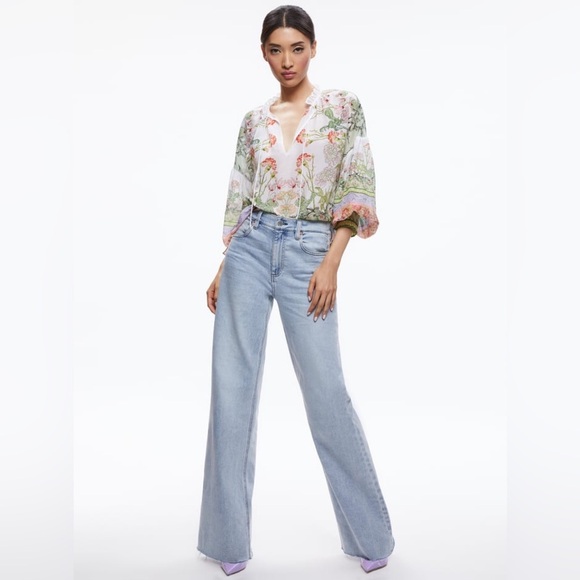 New! Alice + Olivia Julius Floral Blouson Sleeve Tie Front Top 🌻 XS - Picture 5 of 10